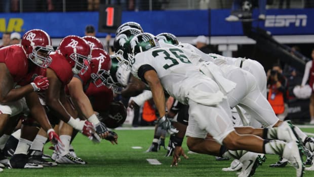 2015 Cotton Bowl defensive line of scrimmage MSU vs BAMA Photo courtesy of Tom Ackerson.